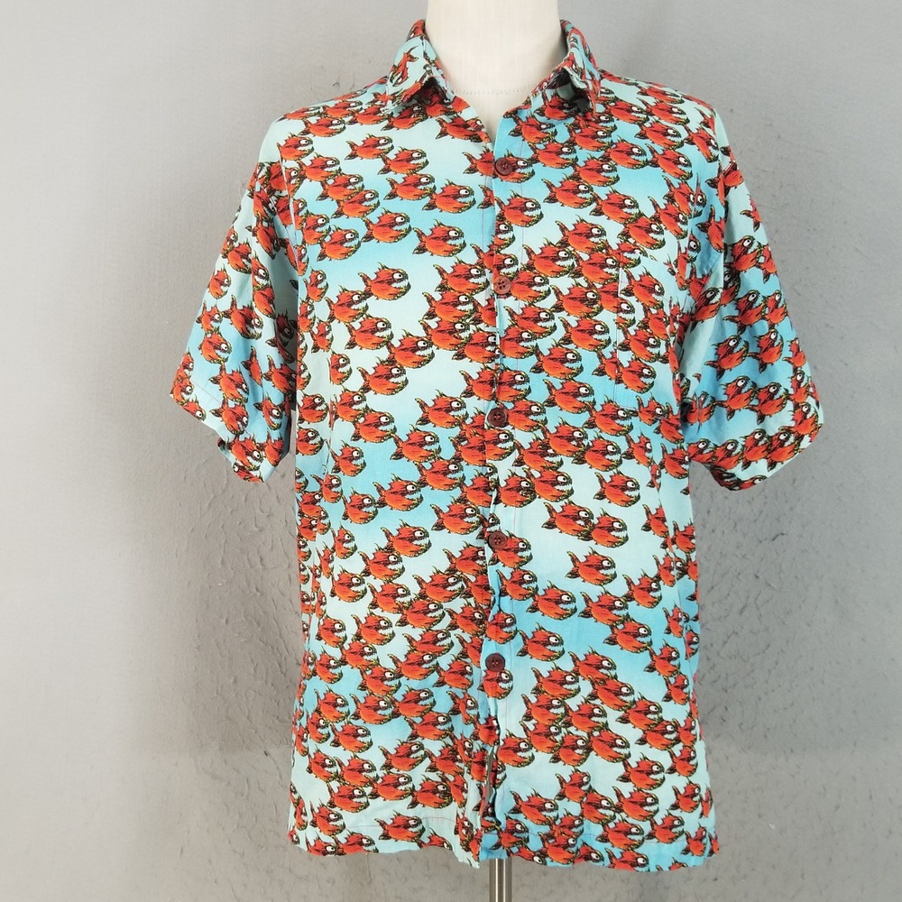 Pirana Joe Button Down Men XL Blue Orange Piranha Fish Short Sleeve Pigment Dye